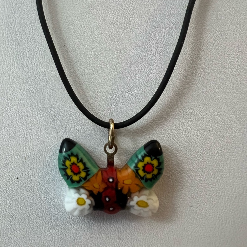 Artisan Pressed Flower Butterfly Resin Coated Polymer Clay Pendant Necklace